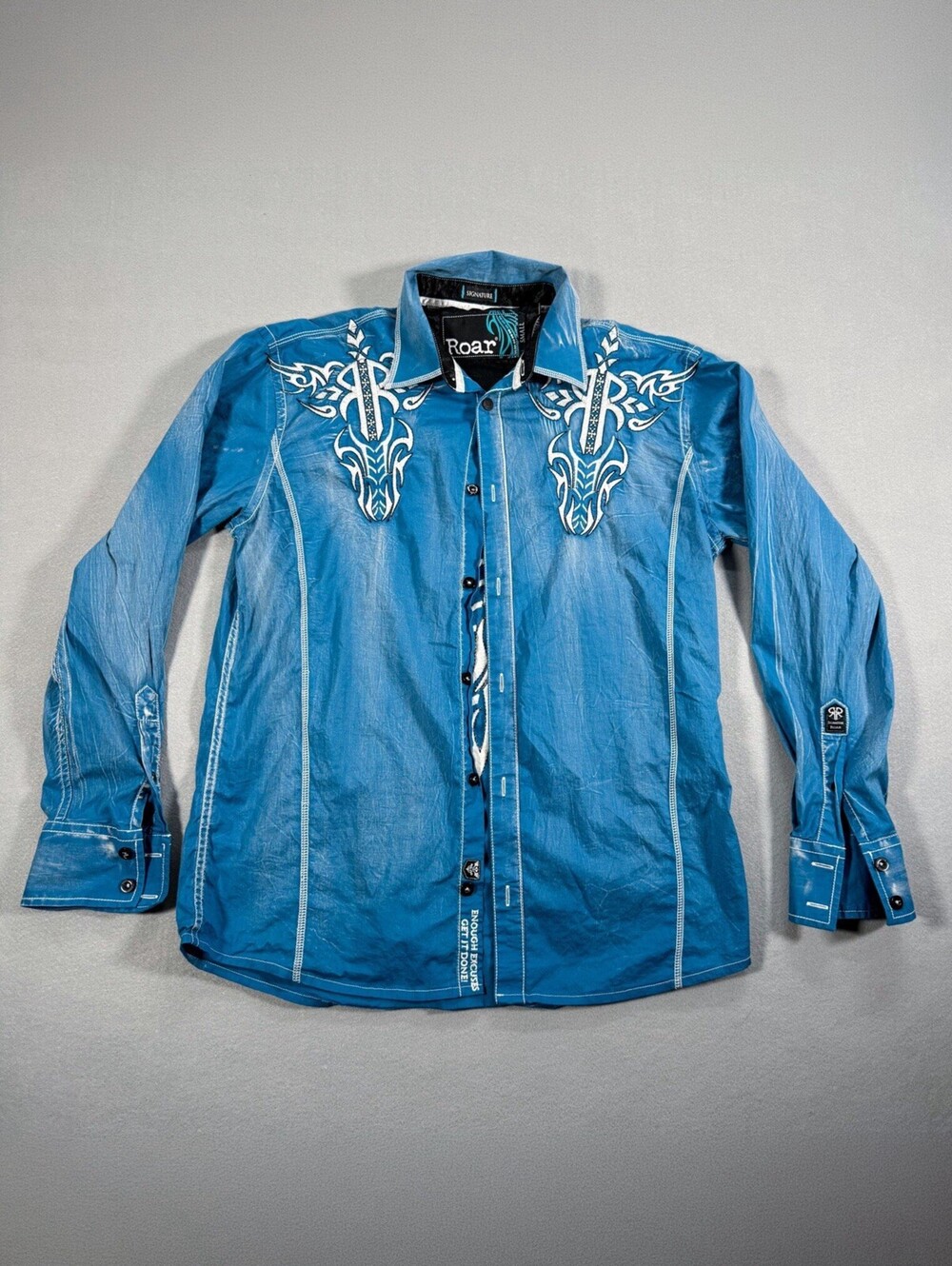 Roar Signature Blue Embroidered Button Up Shirt S
